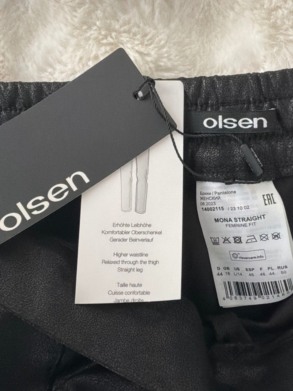 NWT Olsen Black Faux Leather Trousers Mona Straight Fit Size 14